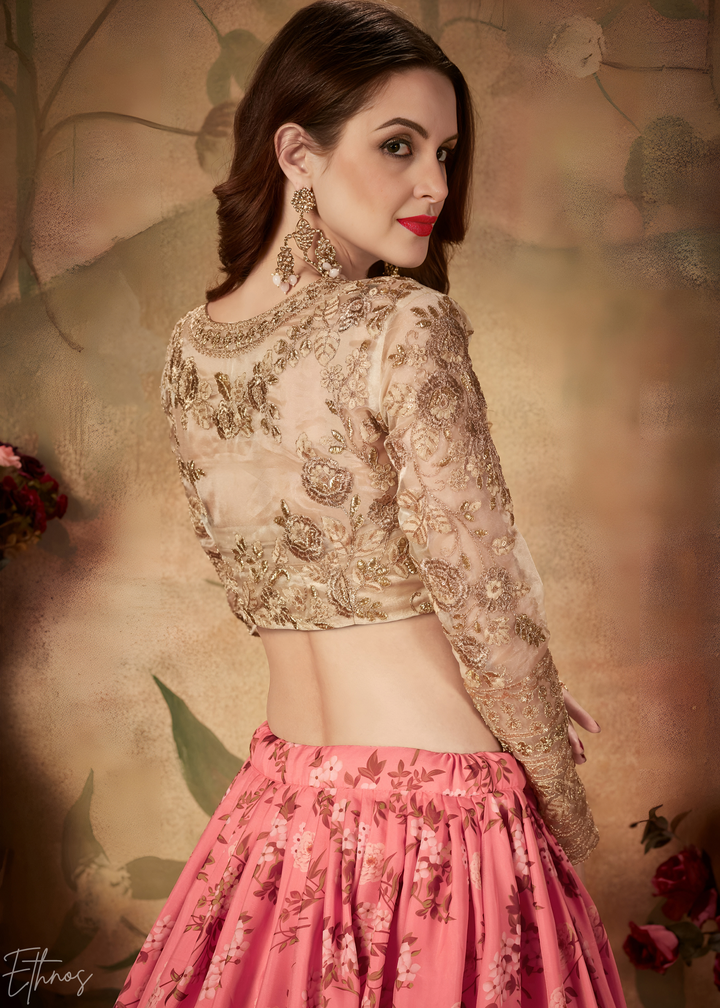 Coral Pink Garden Floral Printed Organza Lehenga Choli