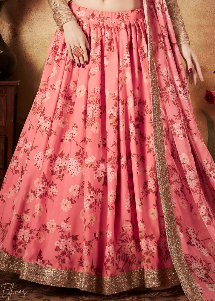 Coral Pink Garden Floral Printed Organza Lehenga Choli