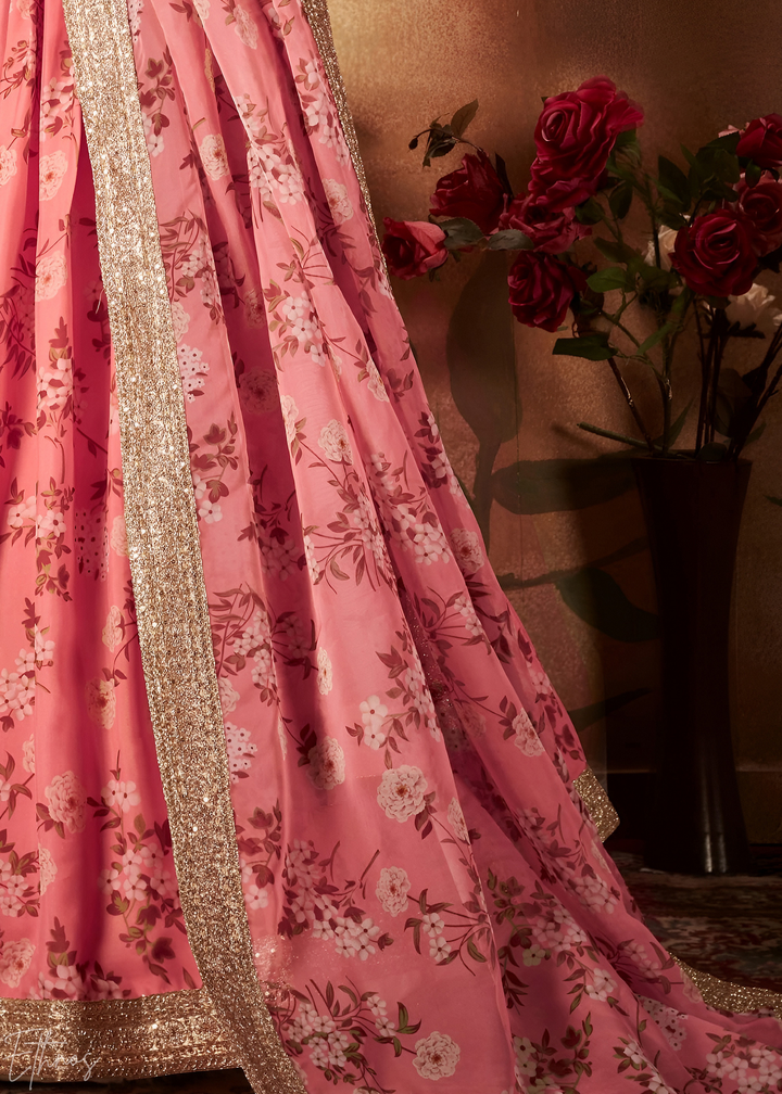 Coral Pink Garden Floral Printed Organza Lehenga Choli