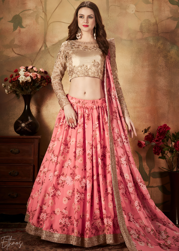 Coral Pink Garden Floral Printed Organza Lehenga Choli