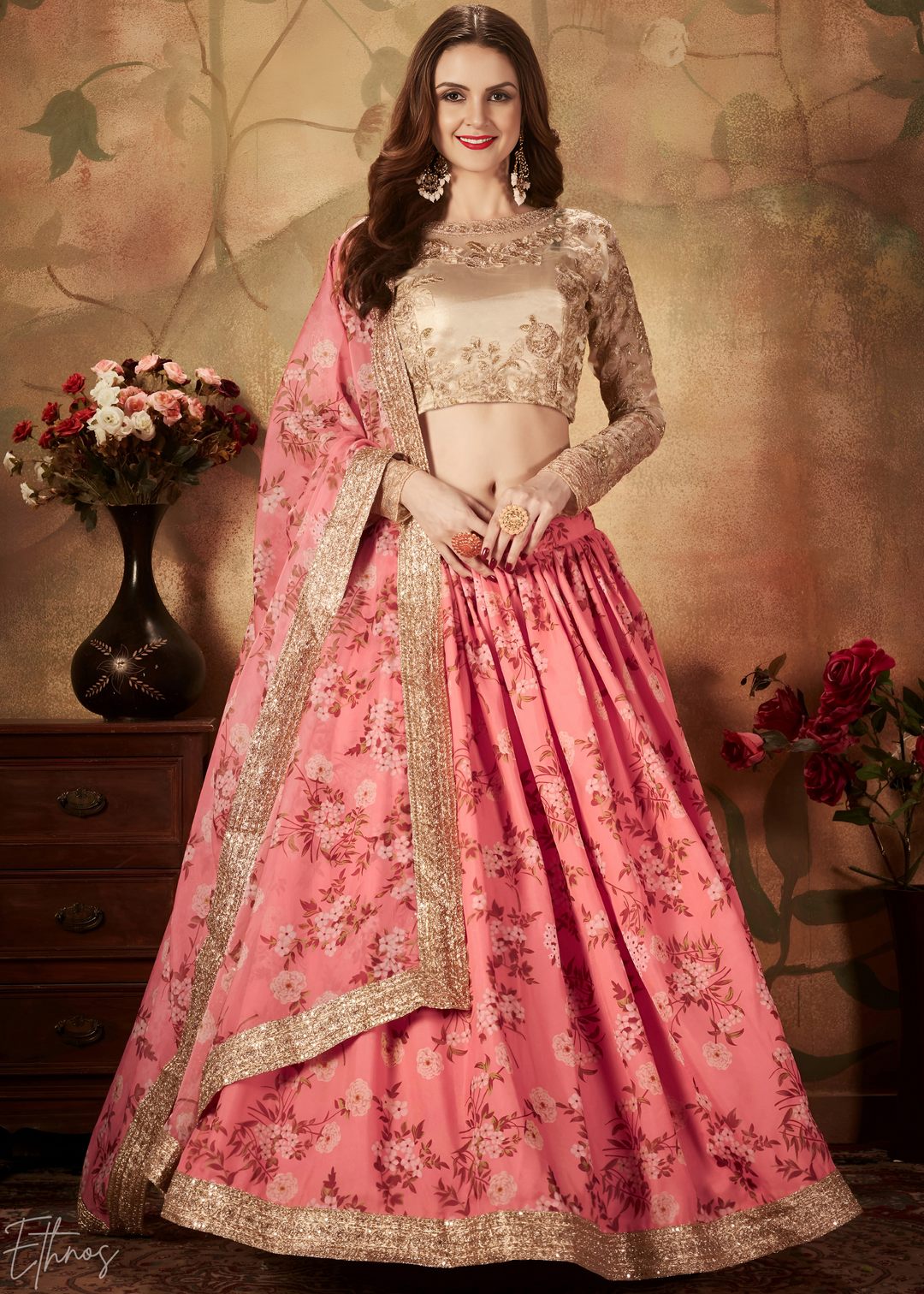 Coral Pink Garden Floral Printed Organza Lehenga Choli