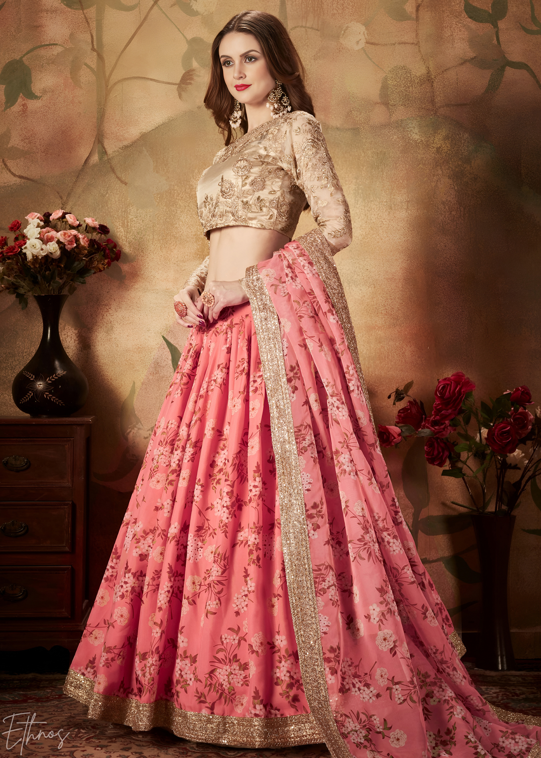 Coral Pink Garden Floral Printed Organza Lehenga Choli