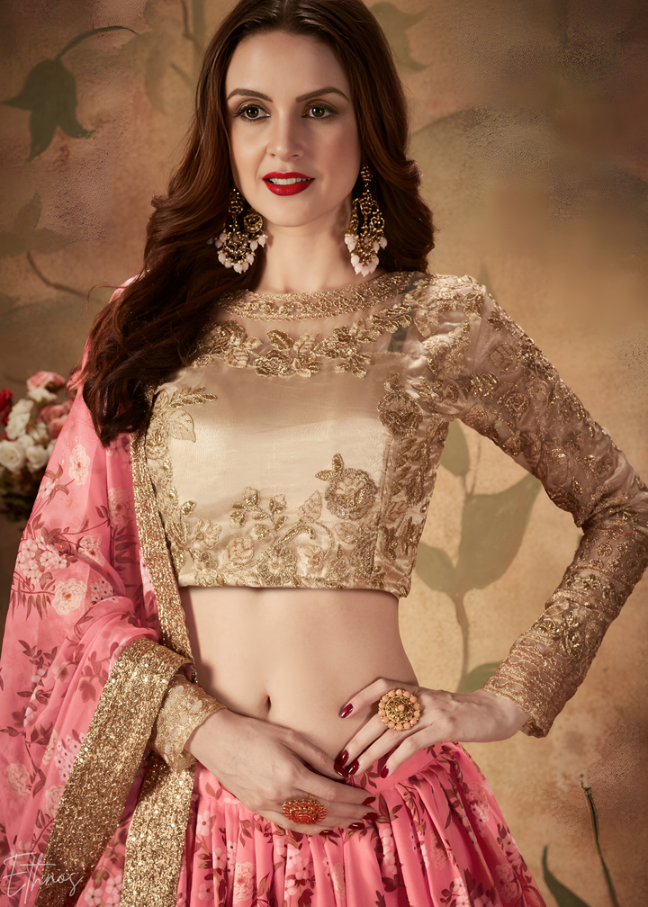 Coral Pink Garden Floral Printed Organza Lehenga Choli