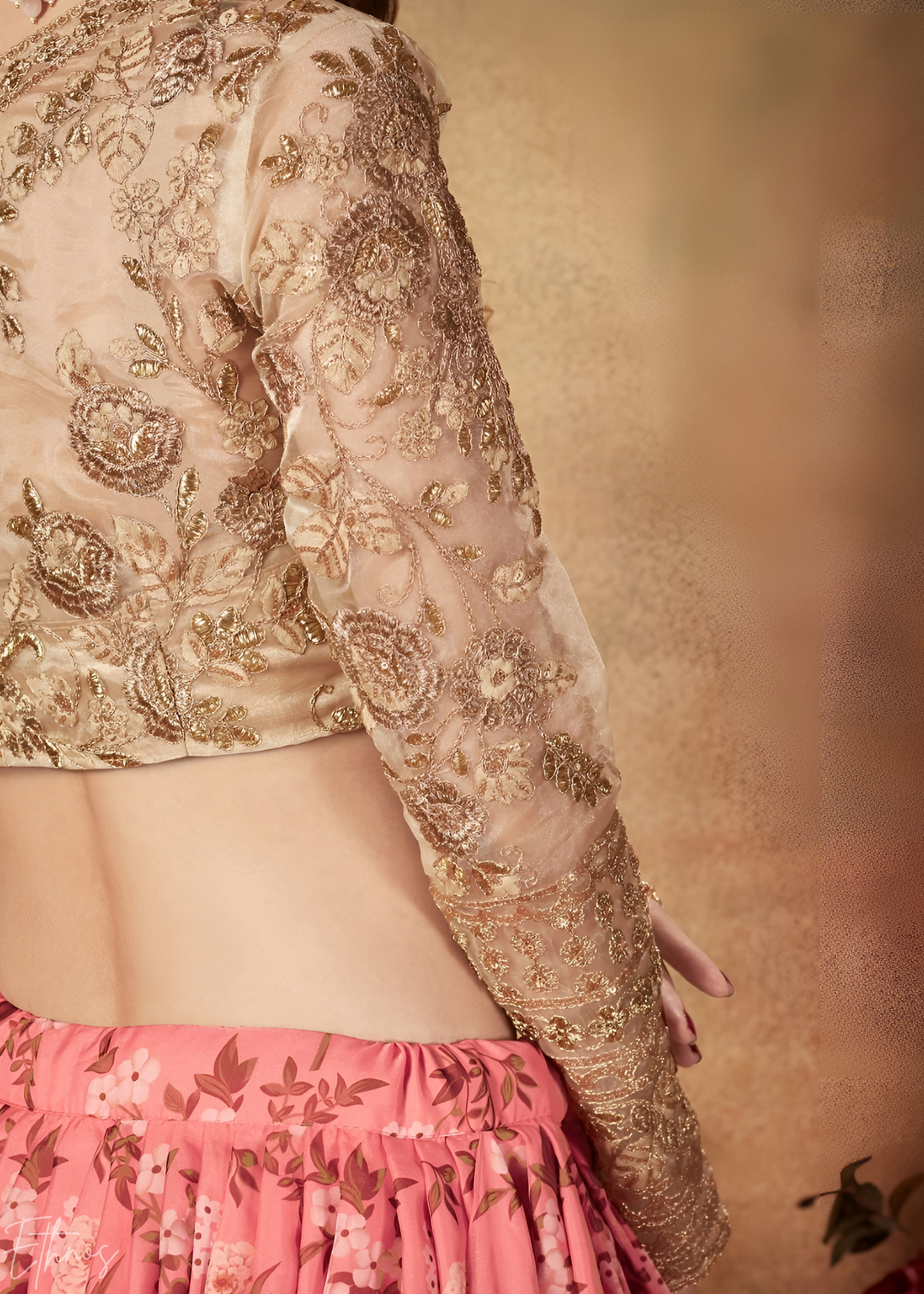 Coral Pink Garden Floral Printed Organza Lehenga Choli