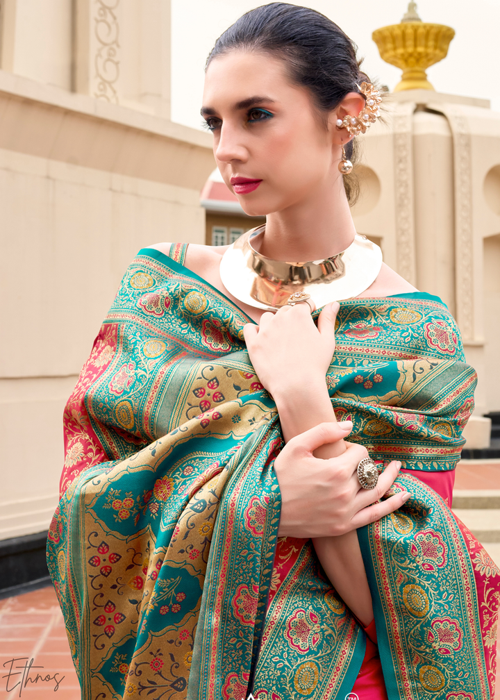 Coral Pink Banarasi Silk  Saree