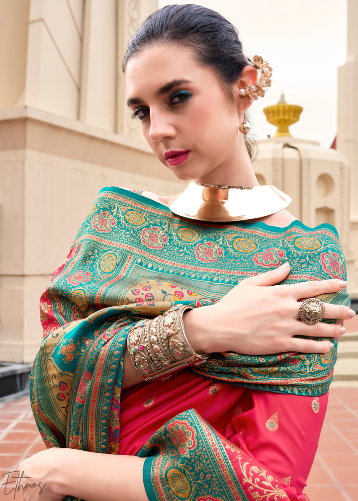 Coral Pink Banarasi Silk  Saree