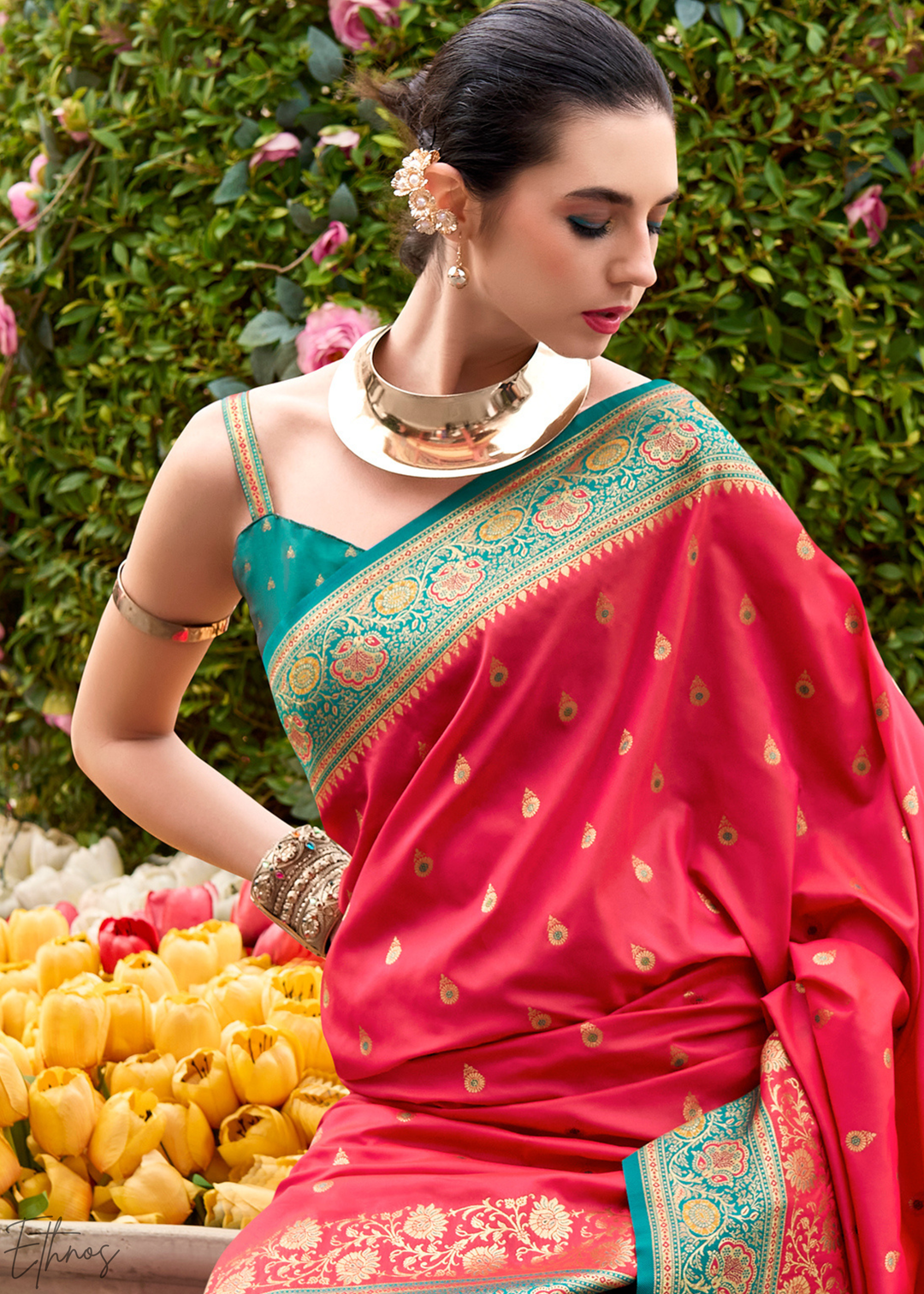 Coral Pink Banarasi Silk  Saree