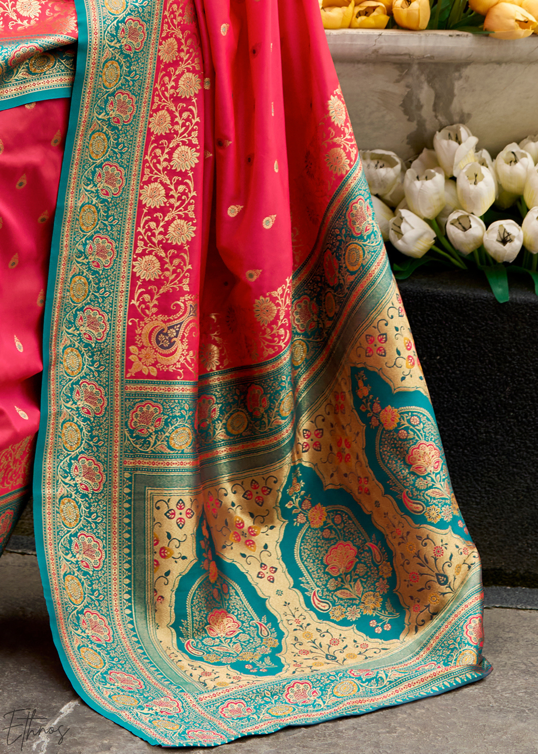 Coral Pink Banarasi Silk  Saree