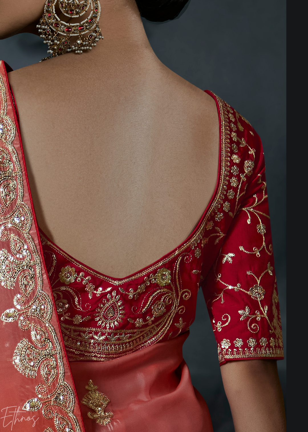 Coral Red Border Detail Organza Silk Saree