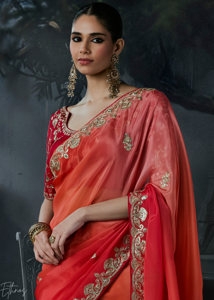 Coral Red Border Detail Organza Silk Saree