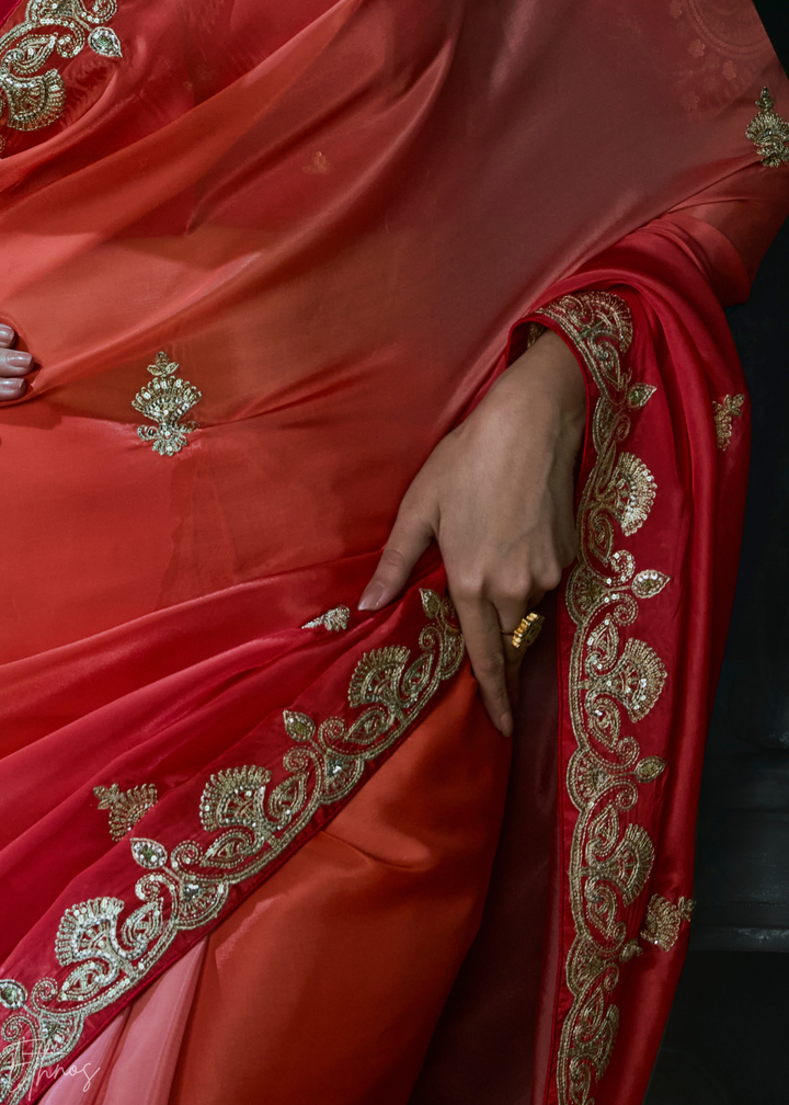 Coral Red Border Detail Organza Silk Saree