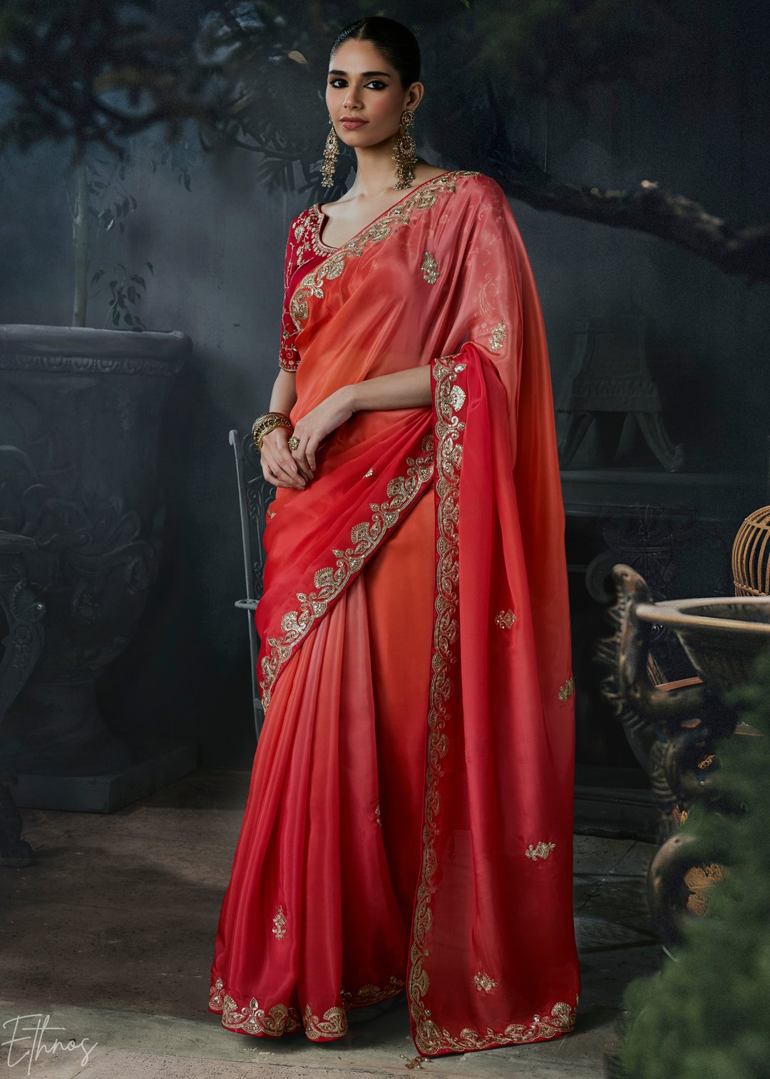 Coral Red Border Detail Organza Silk Saree
