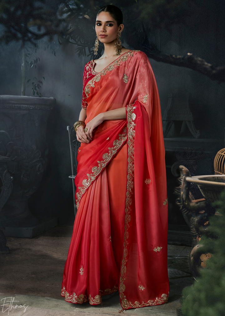 Coral Red Border Detail Organza Silk Saree