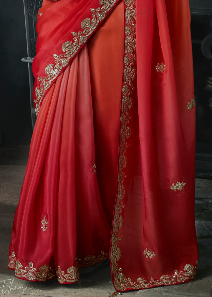 Coral Red Border Detail Organza Silk Saree