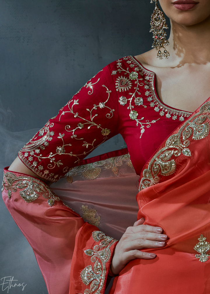 Coral Red Border Detail Organza Silk Saree