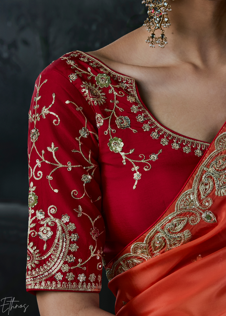 Coral Red Border Detail Organza Silk Saree