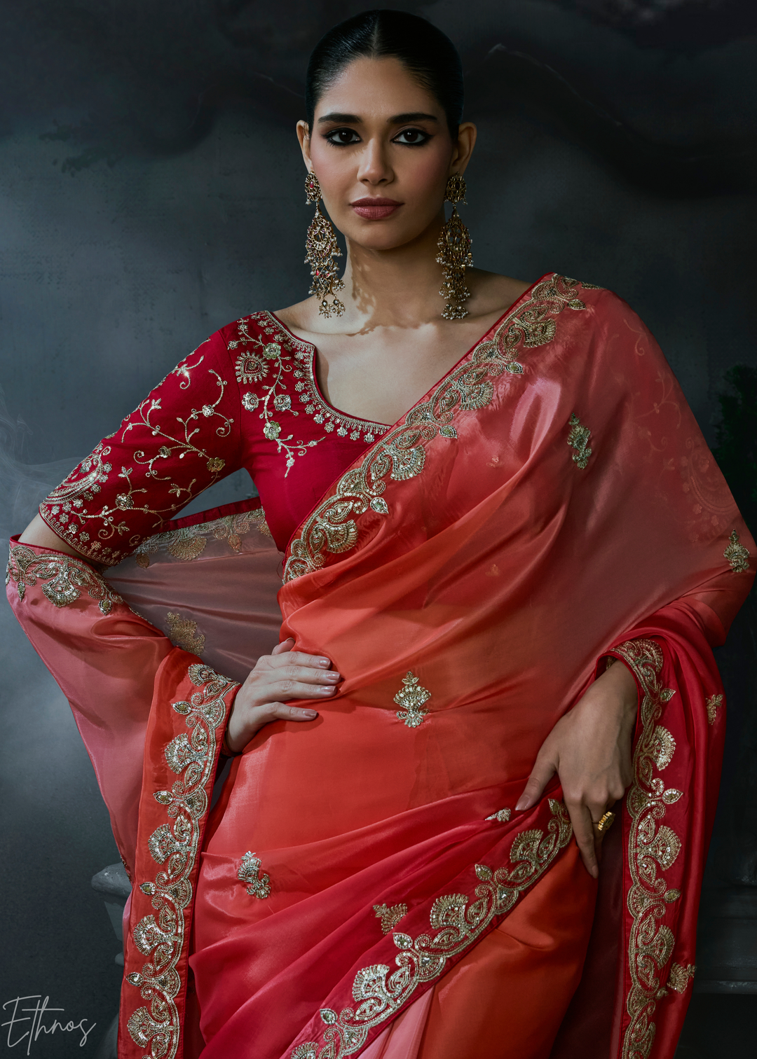 Coral Red Border Detail Organza Silk Saree