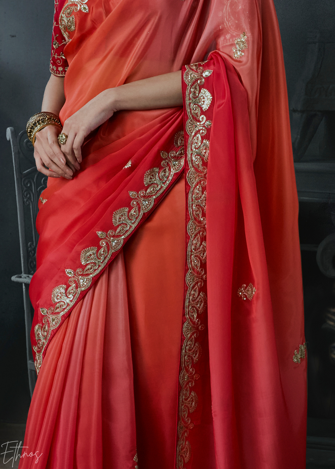 Coral Red Border Detail Organza Silk Saree