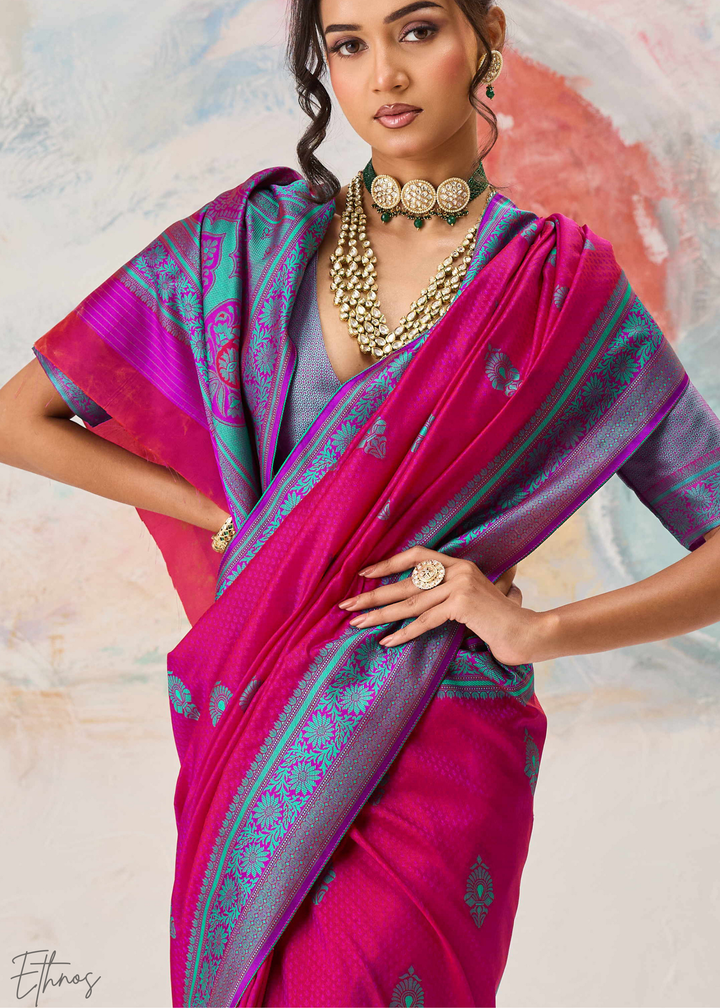 Hot Pink Jacquard Kanjivaram Silk Saree