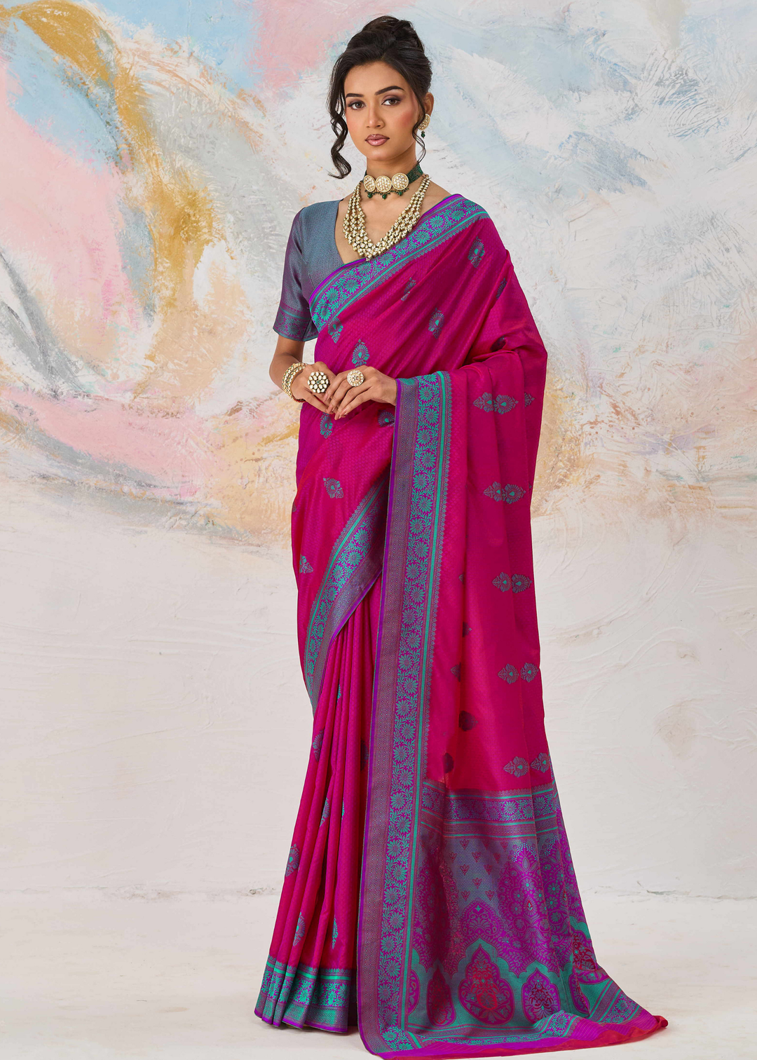 Hot Pink Jacquard Kanjivaram Silk Saree