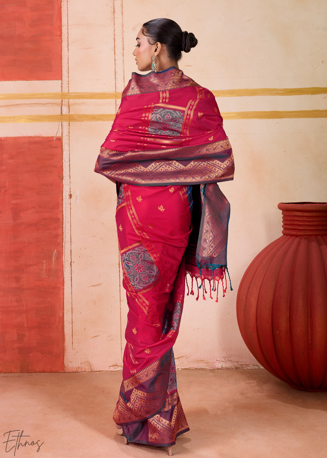 Coral Red Pochampally Silk Saree