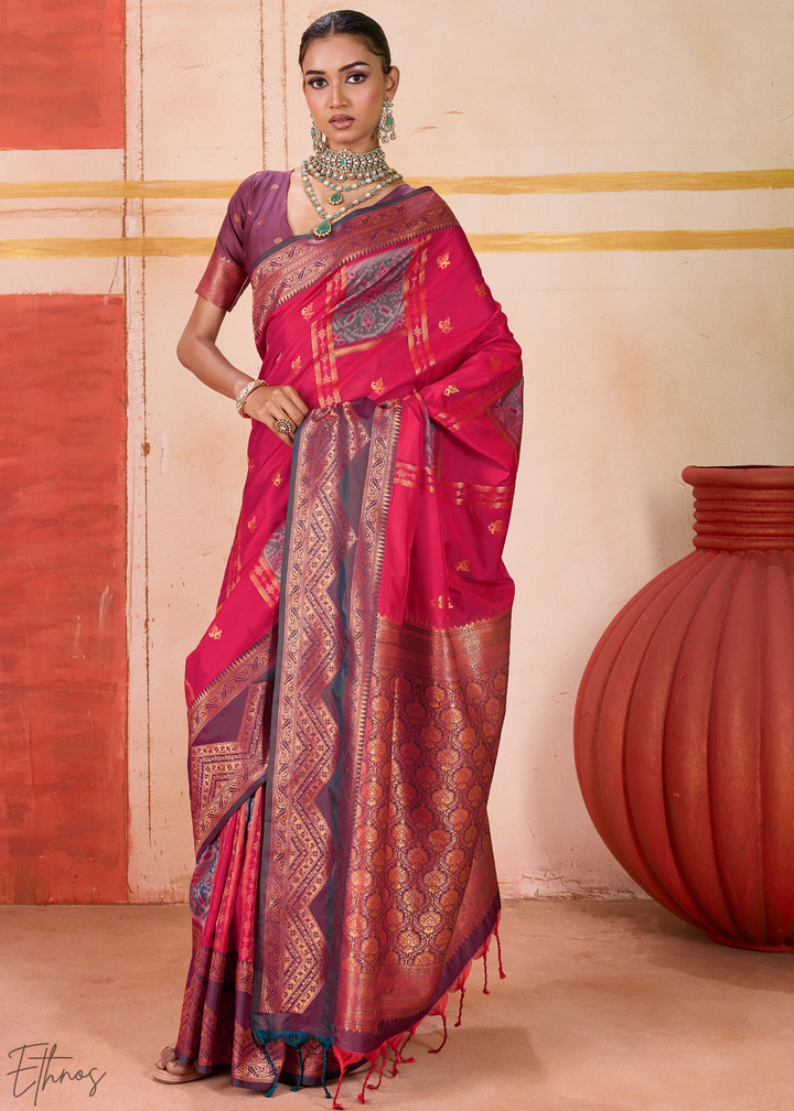Coral Red Pochampally Silk Saree