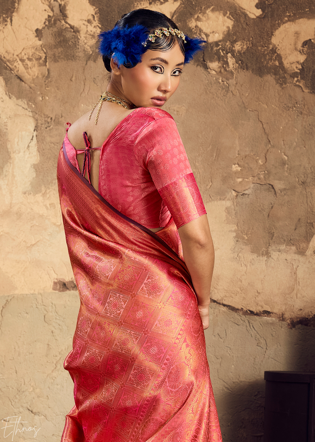 Coral Rose Traditional Brocade Silk Saree