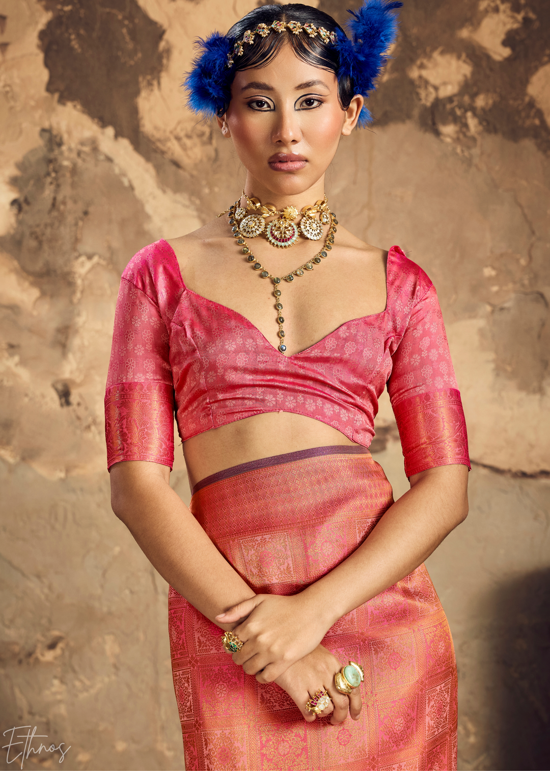 Coral Rose Traditional Brocade Silk Saree