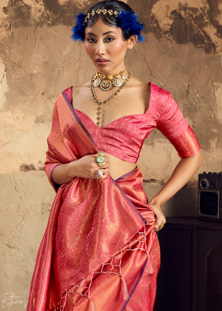 Coral Rose Traditional Brocade Silk Saree