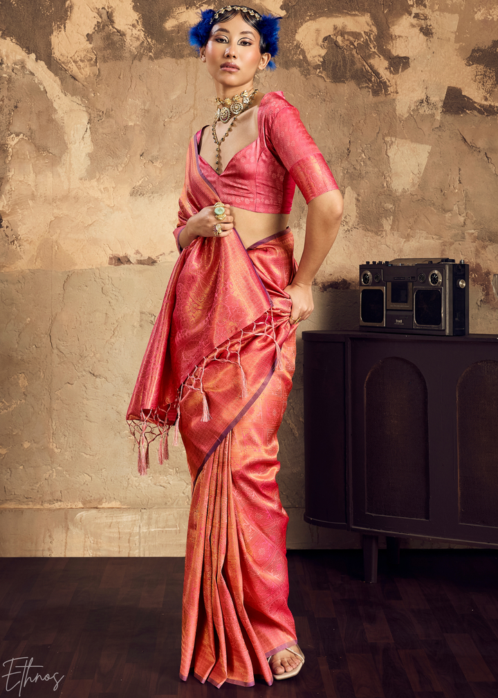 Coral Rose Traditional Brocade Silk Saree