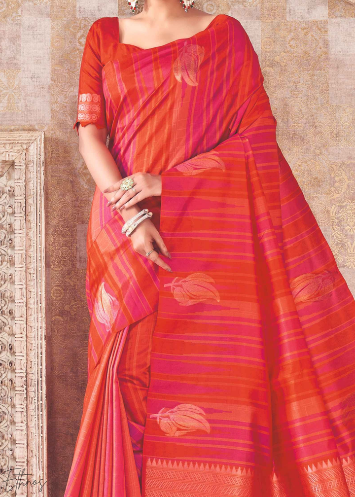Coral Stripe Jacquard Cotton Saree