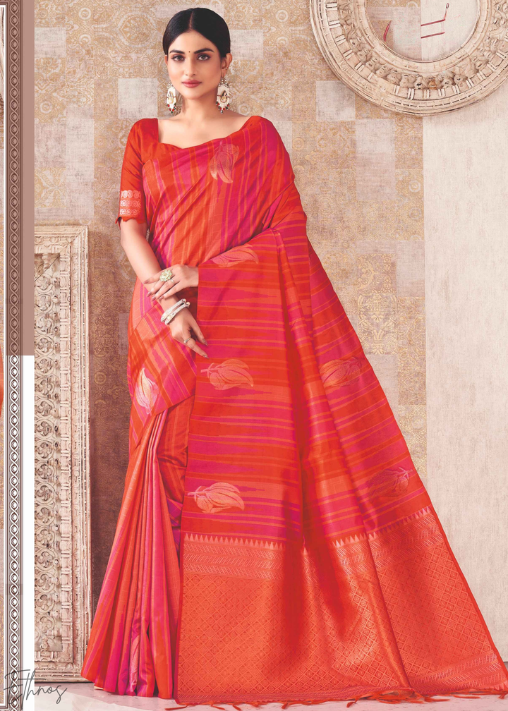 Coral Stripe Jacquard Cotton Saree
