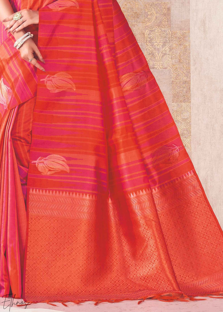 Coral Stripe Jacquard Cotton Saree