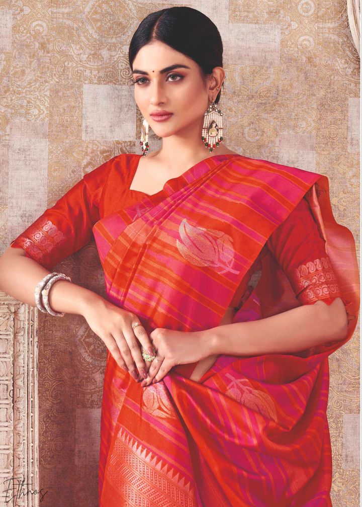 Coral Stripe Jacquard Cotton Saree