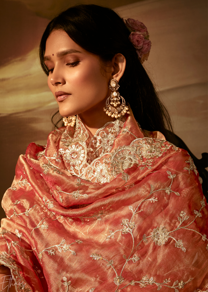 Coral Sunset Cutwork Scallop Border Organza Saree