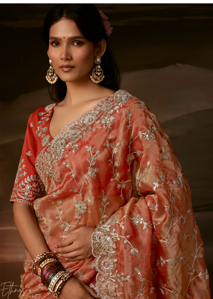 Coral Sunset Cutwork Scallop Border Organza Saree