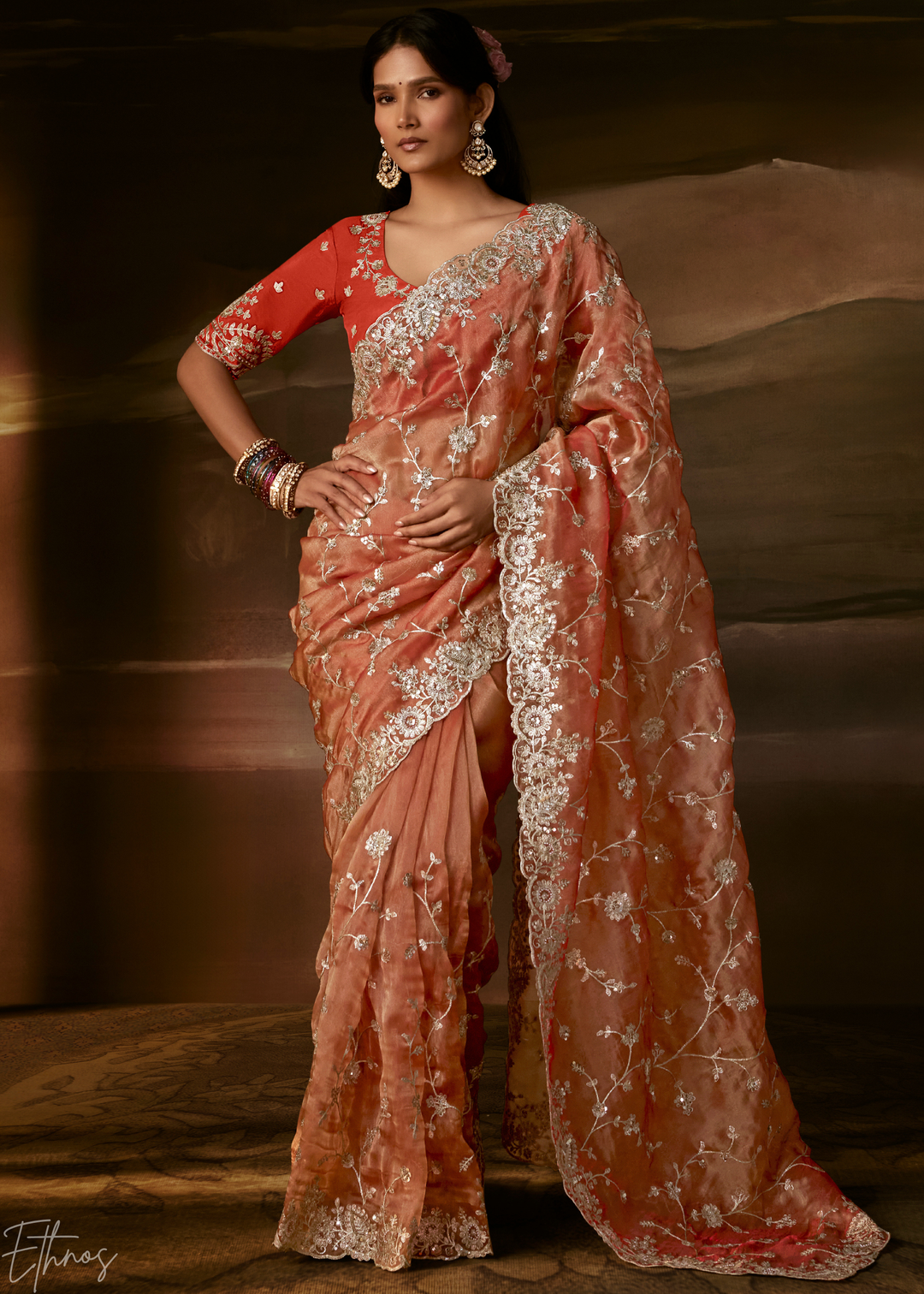 Coral Sunset Cutwork Scallop Border Organza Saree