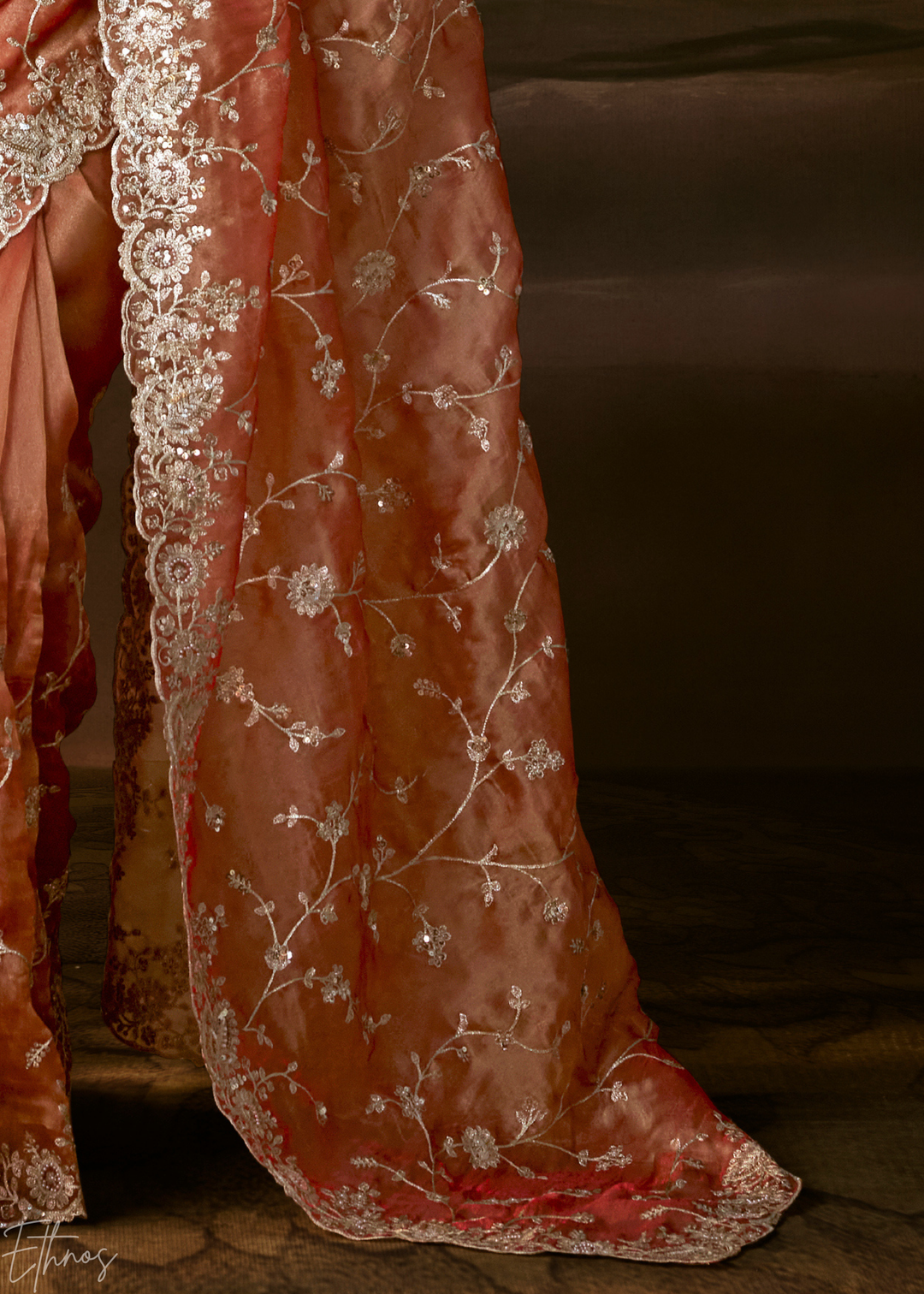 Coral Sunset Cutwork Scallop Border Organza Saree