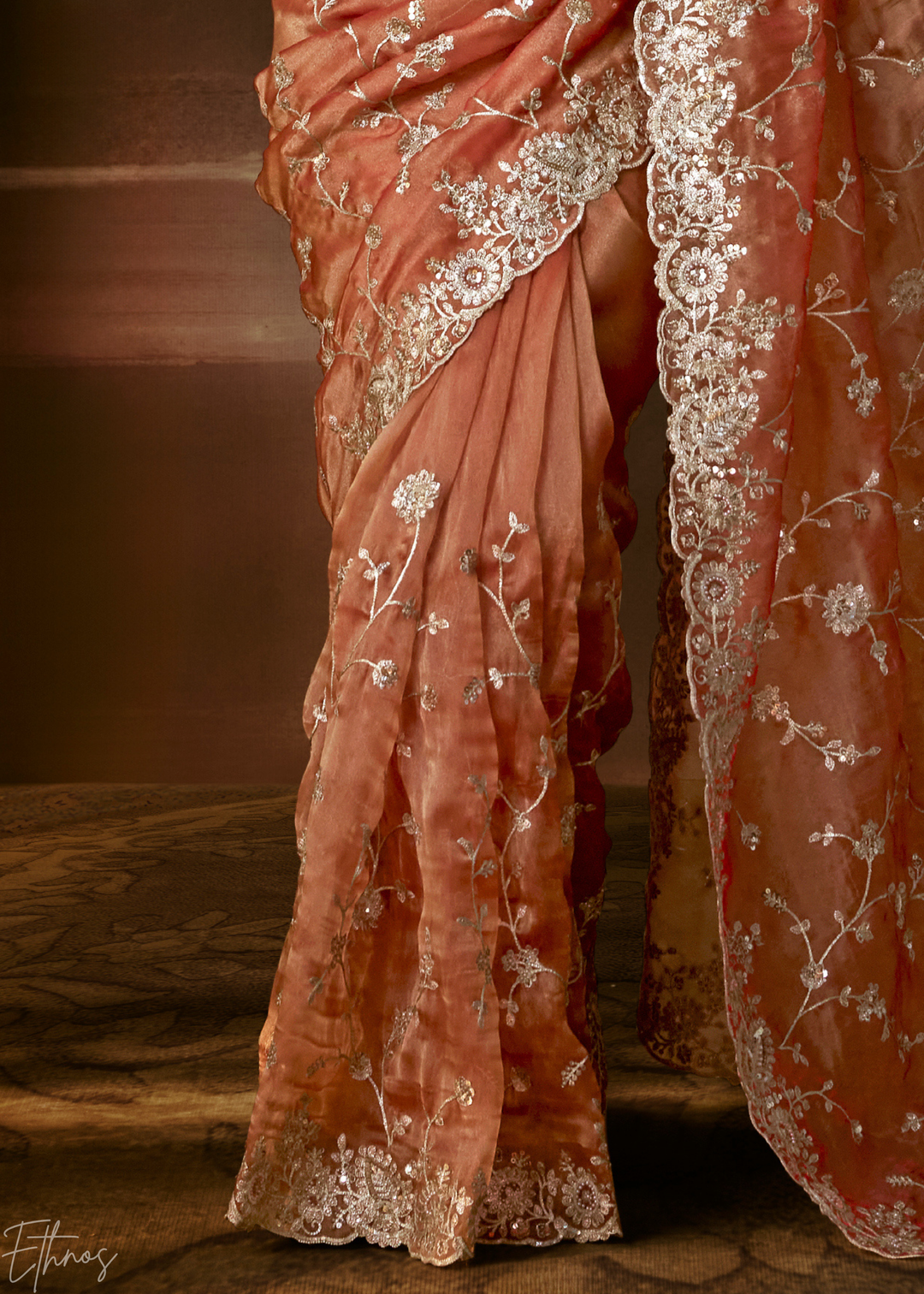Coral Sunset Cutwork Scallop Border Organza Saree