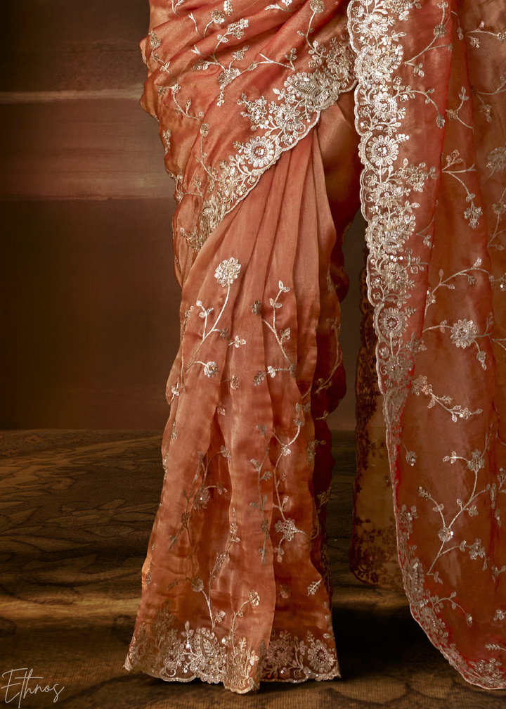 Coral Sunset Cutwork Scallop Border Organza Saree