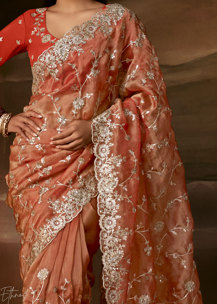 Coral Sunset Cutwork Scallop Border Organza Saree