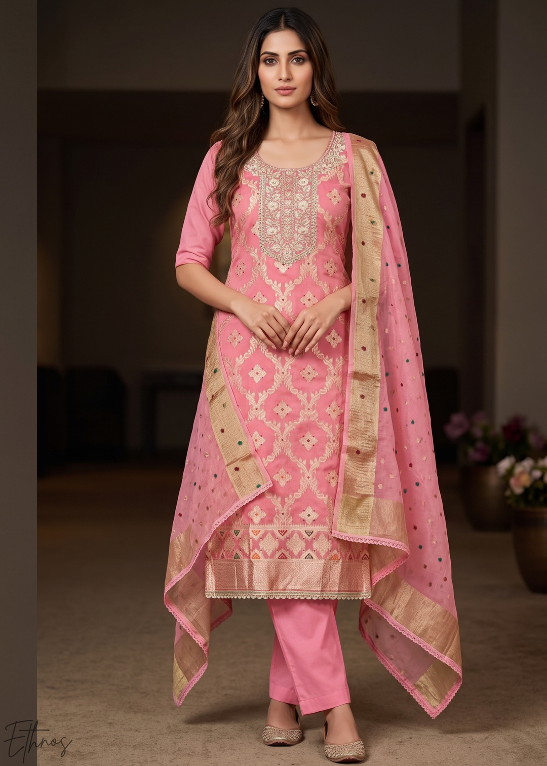 Coral Blush Geometric Tile Banarasi Cotton Pant Suit