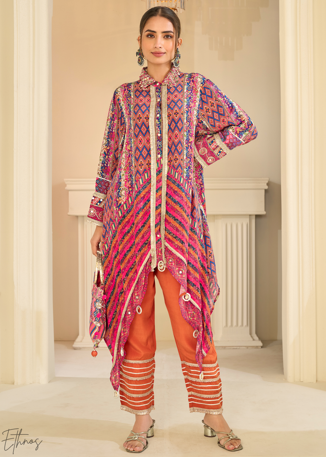 Coral & Orange Abstract Geometric Lawn Tunic Set