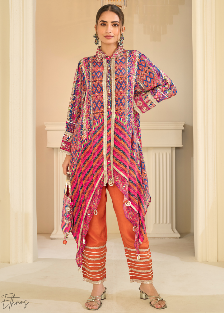 Coral & Orange Abstract Geometric Lawn Tunic Set
