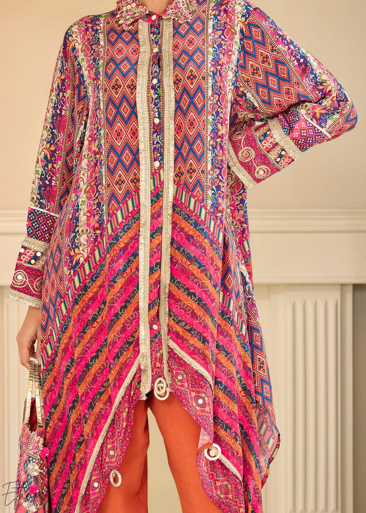 Coral & Orange Abstract Geometric Lawn Tunic Set