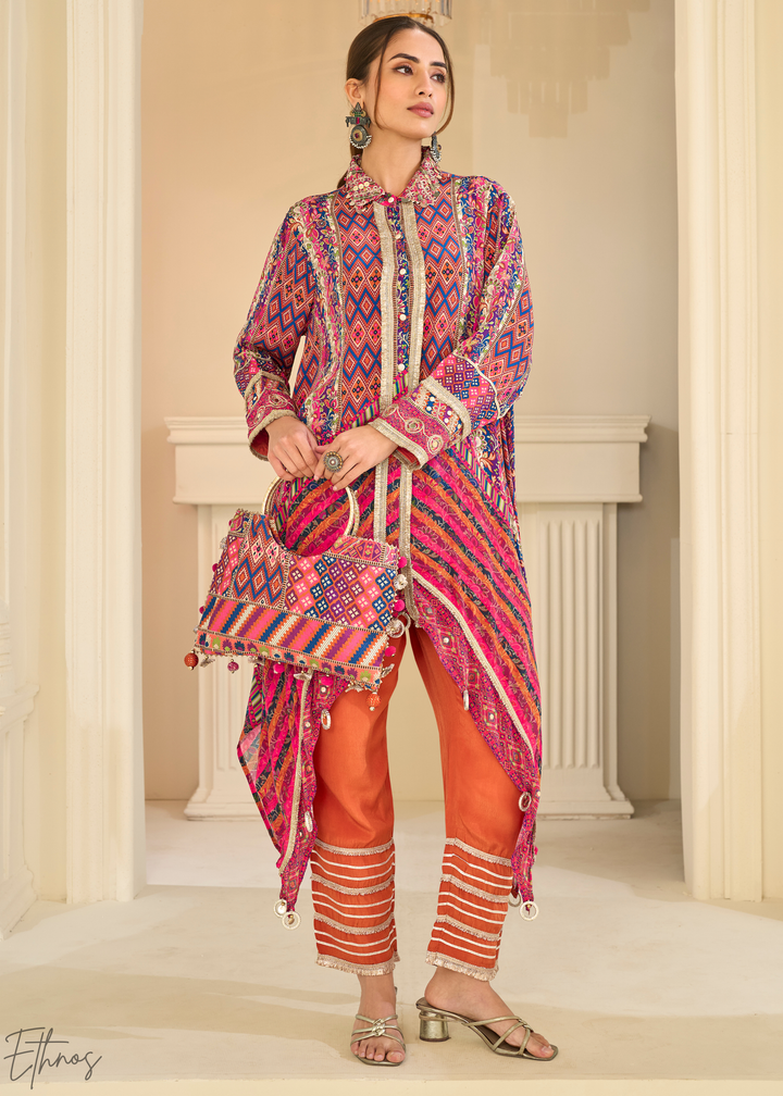 Coral & Orange Abstract Geometric Lawn Tunic Set