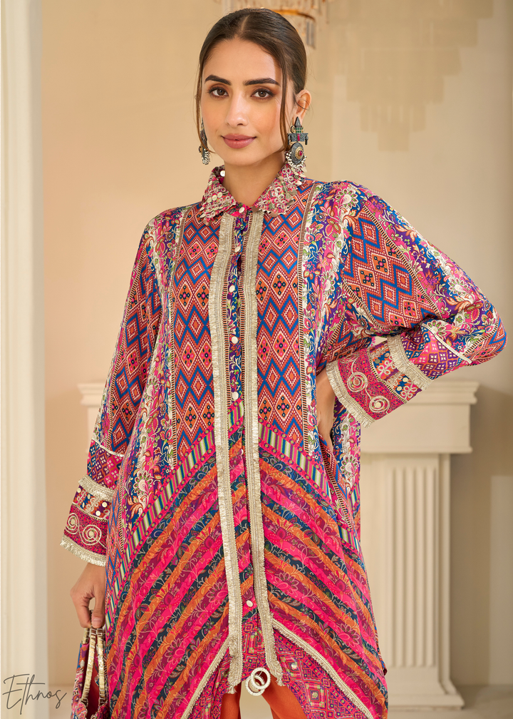 Coral & Orange Abstract Geometric Lawn Tunic Set
