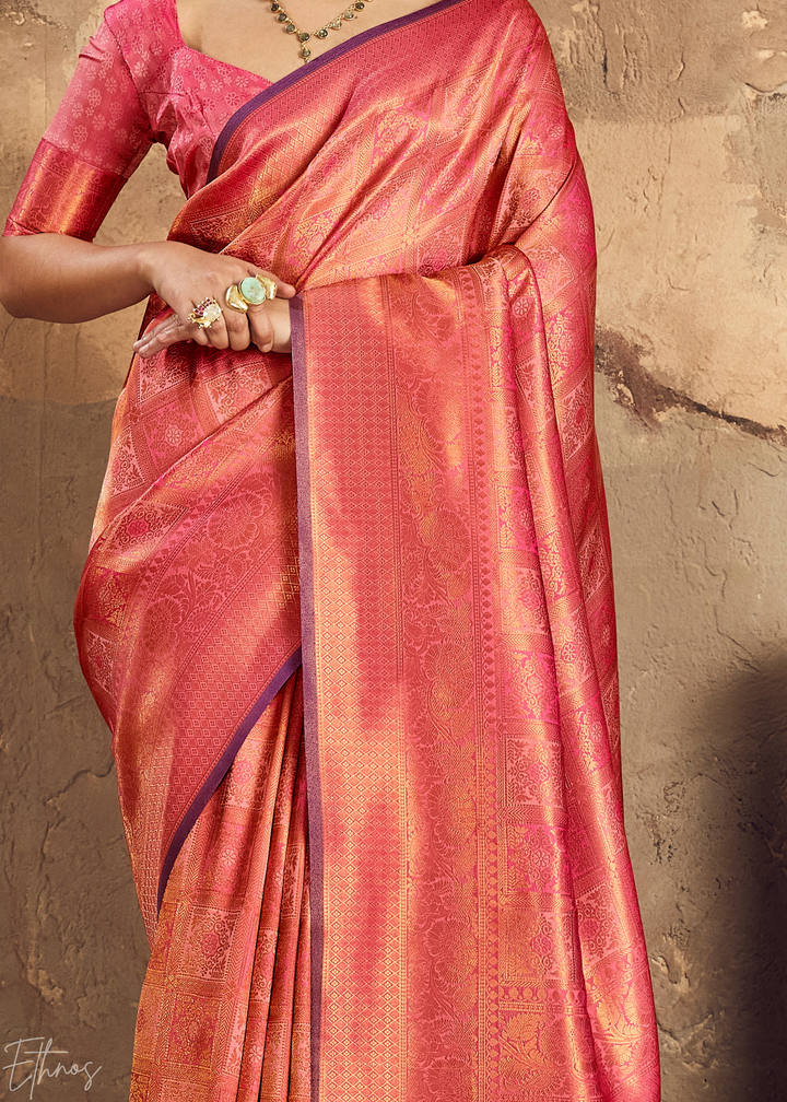 Coral Rose Traditional Brocade Silk Saree