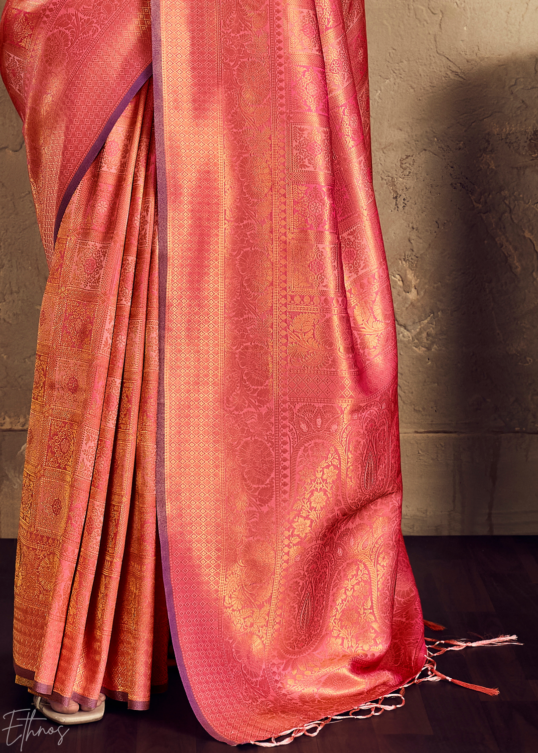 Coral Rose Traditional Brocade Silk Saree