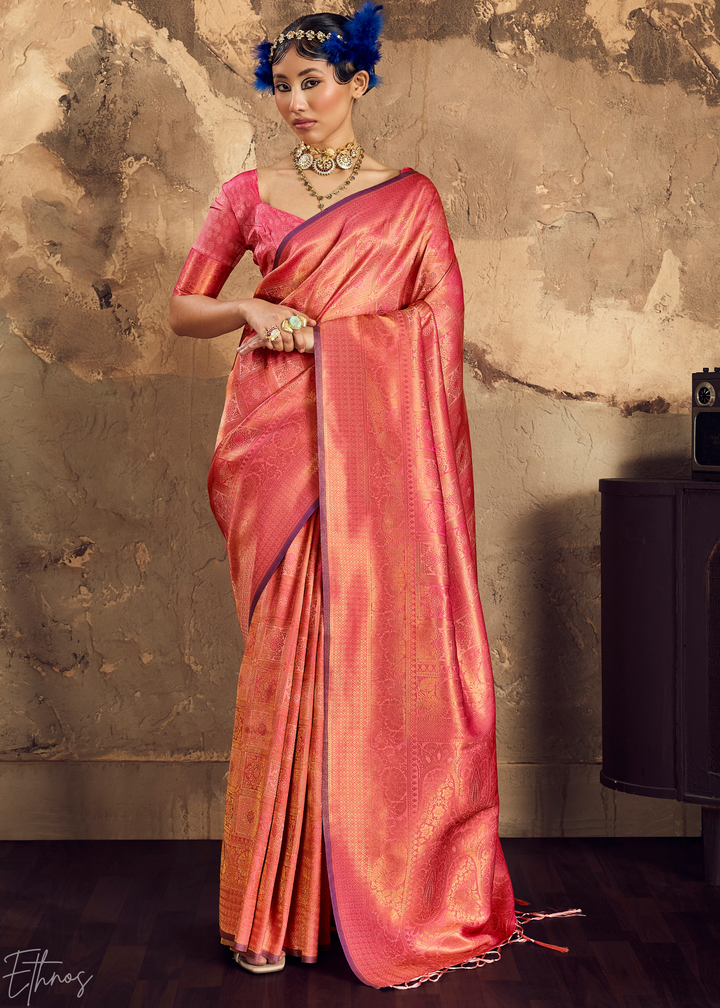 Coral Rose Traditional Brocade Silk Saree